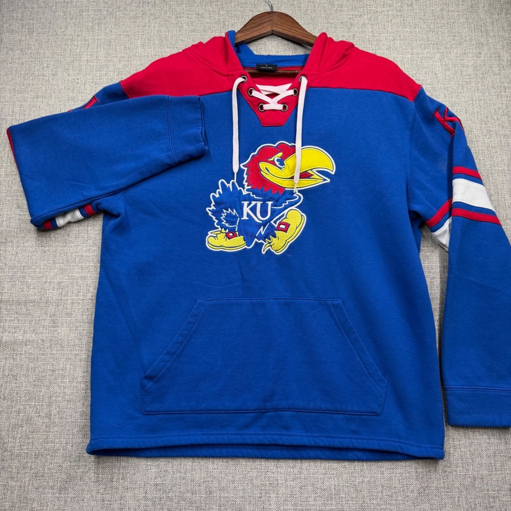 Colosseum Kansas Jayhawks Mens Large Blue Red Lace Up Hoodie NCAA KU Sweatshirt
